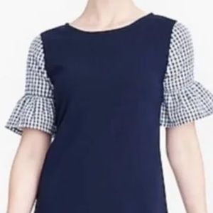 JCrew Navy Dress with Gingham Sleeves